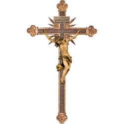 Cristo Barroco en cruz barroca con rayos y Titulus Crucis en hebreo - latín - griego